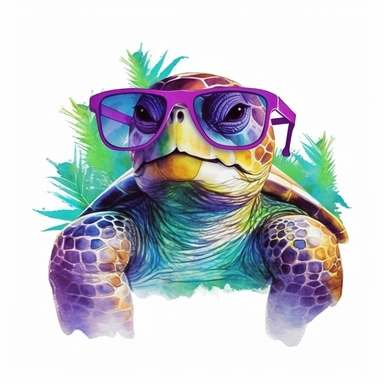 Watercolor Cool Purple Green Retro Big Smiling Beach Sea Turtle Golden Chain Full Black Covered Sunglasses Clipart Sea Life Swimming in Background White Background