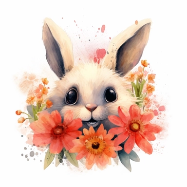 Cuddly Bunny Clipart nestled inside a blooming flower with a friendly ladybug on its nose in the style of oil painting, on a white background