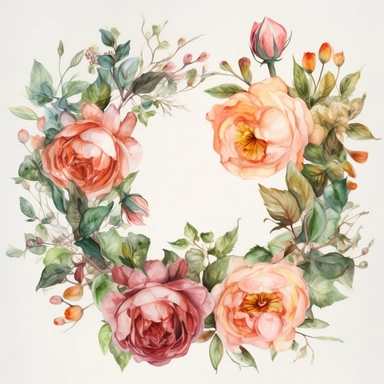 Watercolor Painting of BEAUTIFUL WREATH WITH Rose FLOWERS on white background beautiful multi - headed pale, DETAILED ILUSTRATION, Flora Design Patterns, Flemish Baroque by Rachel Ruysch, Behance, Rococo, Intricate Detailed, Soft Light Effect, Oil Paint Strokes, Light Academia Aesthetic Flowers, Lighting cinematic, all shown shimmering stamens, tyndall light, texture, colorful, 8k, fantasy, ray tracing, vivid, spectacular lighting, octane rendering, highly detailed, ultra - realistic, white back