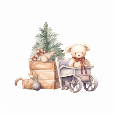 christmas Clipart aquarelle, christmas wooden toy in kid room, christmas neutral colors, minimalistic, adorable, shabby chic style, christmas style, isolated white background,single design, single object,print on demand image, PNG transparent background, white background for removing background - - no text shadow font watermark