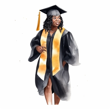 watercolor fat black female student graduation clipart on a white background