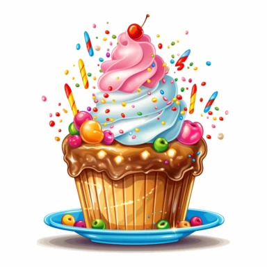 Generate a clipart image of a birthday cake with an ice cream theme. Incorporate elements like ice cream cones, scoops of ice cream, and colorful sprinkles to create a cake that resembles a giant ice cream sundae.