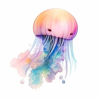watercolor, clipart, white background, animated shape, cute, jelly fish, glow in the dark, happy