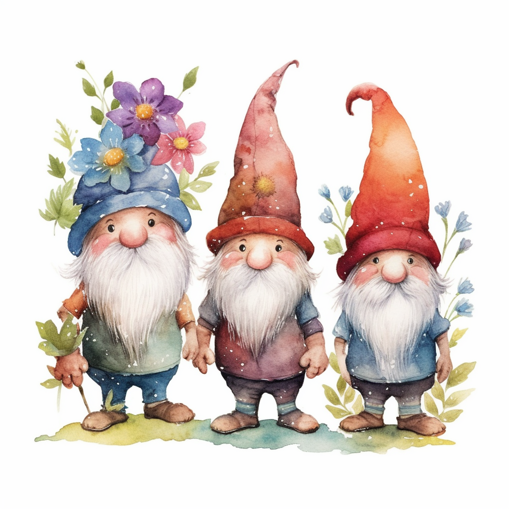 semi-cartoon style hand drawn watercolour clipart set of 3 cute gnomes ...