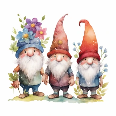 semi-cartoon style hand drawn watercolour clipart set of 3 cute gnomes with large bulbous noses in bright boho colors holding wild flowers, white background, 300 dpi, high quality digital art suitable for printing, spaced apart