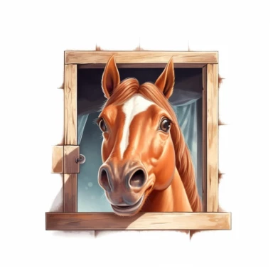 Cute Beautiful Happy Face Funny Horse Outside The Window Sublimation Clipart, Cartoon, hyper realistic, intricate detail, illustration style, high solution, on the white background