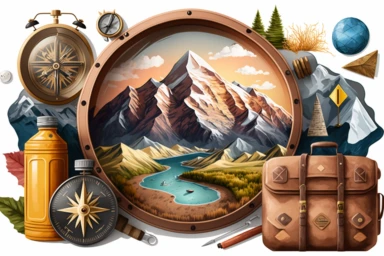 clipart with a wanderlust theme, featuring illustrations of mountains, compasses, and adventure gear, reflecting millennials and Gen Z's love for travel and exploration