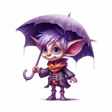 Cute Adorable magical little Elf with big pointed ears holds a umbrella in his hand wears a raincape and stand in the rain on a country road, clipart, photorealistic illustration, watercolor, high detail, 8k polished, 8k, vibrant colors, sticker, majestic, die cut, black and purple color, white background