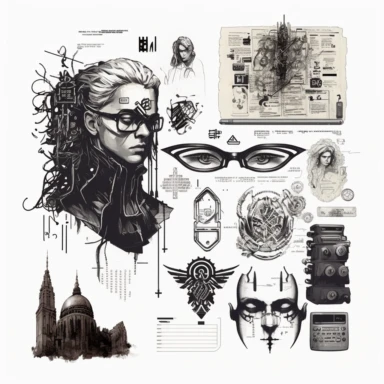 a page of clipart ephemera, white background, cyberpunk, future, jewish