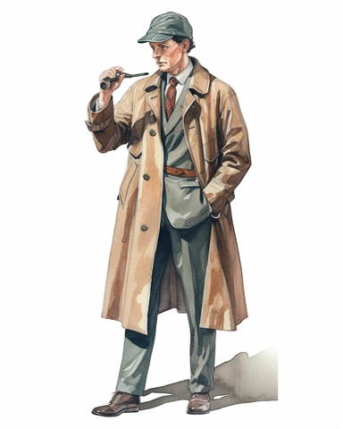 british detective full body looking for evidence, holding a magnifying glass, no watermark, watercolor clipart on white background