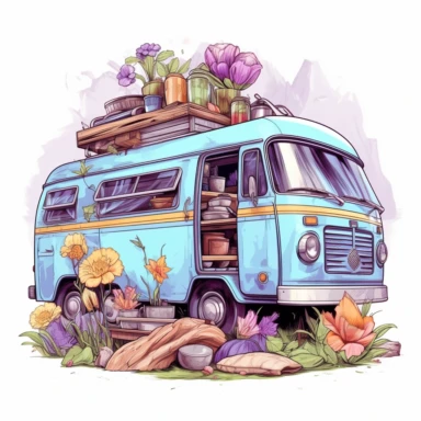 travel motorhome, outdoor lunch, flowers, pastel color, clipart