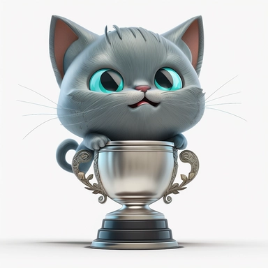 Cute pixar trophy cat, colourful illustration, high definition, 8k, very detailed, fine detail, sharp focus, illustration, white background, clipart