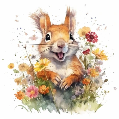 watercolor clipart of the top half body of a smiling squirrel surrounded by wild flowers and holding a dandellion, mouth open, hd, lots of detail, on white background