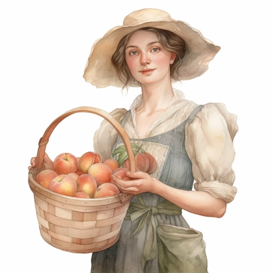 Cute french - style a stylish farmer woman holding bucket of peaches clipart, 1940, watercolor, realistic watercolor painting in storybook illustration, pencil drawing by Angela Barrett, Elsa Beskow, highly detailed, 8k, high resolution, crisp details, white background