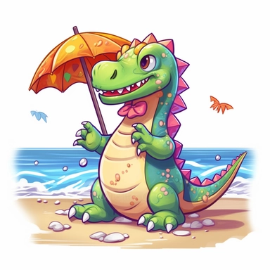 a foolish and cute dinosaur having fun at the beach , clipart style, white bg