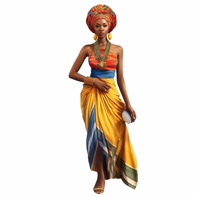 Hyperrealistic beautiful full figure ethnic dressed african beauty lady, ethnic african dress, perfect eyes,perfect face,perfect mouth and teeth,full body,cute and colorful,full body, clipart, hd, white background