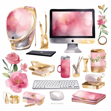 handpaint, imac clipart, electronic devices clipart, devices icons set, isolated white background, single design, sharp, bold , sweet pink, gold, hand-painted watercolor
