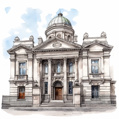 Isolated images, illustrations on a white background, facing front, elevation view, The Four Courts Dublin Ireland, Clipart, watercolor, realistic, isolated, full building, highly detailed, hdr, 32K, photo expert quality, watercolor realistic, hyperrealistic and highly detailed, isolated on a white background