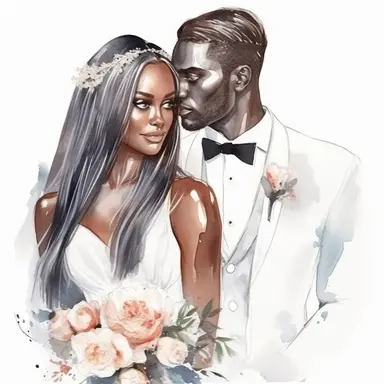 Black skin bride in a white wedding dress with diamonds and with beautiful jewelry, long beautiful hair, beautiful lips and long eyelashes glamour and the groom in a tuxedo smile watercolor clipart