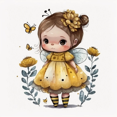 A cute little fairy in bumblebee dress, isolated subject, folklore artstyle, watercolor clipart, whitebackground