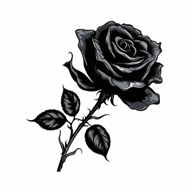 Black rose clipart on a white background: This is a meticulously illustrated clipart of a black rose. The rose itself is a deep, shadowy black, blooming in full splendor. Attached to its green stem, give it a more realistic and intricate look. The contrast against the pure white background highlights the details of the rose. Perfect for a variety of design uses. Create in a 1:1 aspect ratio