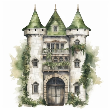 medieval castle facade, stylish | COLOR THEME: dark green, olive green, army green, black, light pink | watercolor, clipart, hyperrealistic, white background