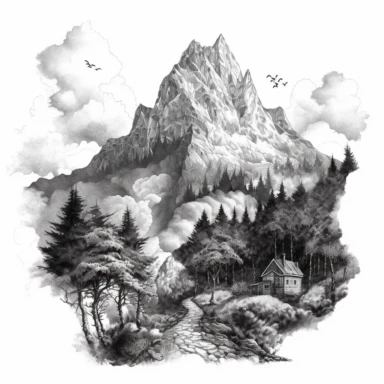 An intricate ink drawing of mountainous landscape, ominous looking, cottagecore, black and white, white background, clipart