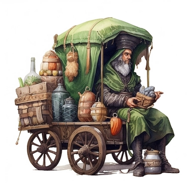 medieval merchant sitting on carriage with supplies, stylish | COLOR THEME: dark green, olive green, army green, black, light pink | watercolor, clipart, hyperrealistic, white background