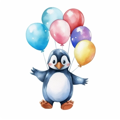 realistic, high resolution, smiling penguin with baloons, cartoon, watercolor clipart, completely white background