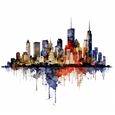 a United States New York Skyline in the style of watercolour clipart with detailed brush strokes