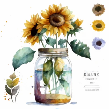 watercolor sunflower clipart, sunflower floral bouquet, white background, sunflower bouquet in the jar, no text, water in the jar