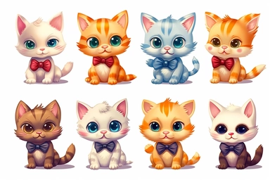 9 sets of a cute baby kitten Munchkin, smile,round face,round head,Wearing a flower bow tie,different poses,different breeds, clipart, isolated on white background, spaced out,