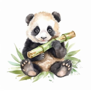 Clipart, watercolor, white background: A baby panda sitting on its hind legs, holding a bamboo shoot with its front paws, enjoying a delicious snack.