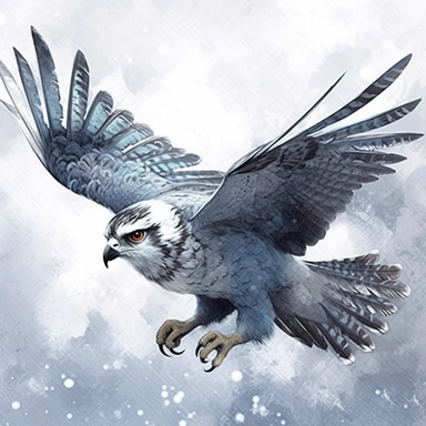 High level watercolor, hyper-realistic, white bordered background, 8k, super-detailed clipart, large, futuristic, majestic ice falcon soaring gracefully in a frosty winter sky, fabulous, cool, pastel blue
