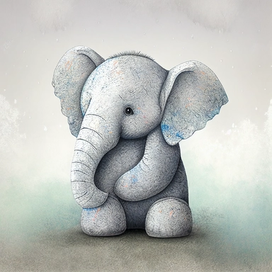 A cute baby elephant teddy soft toy, jellycat, stylised hand painted textures, stylized digital art, baby elephant , rough paper texture, baby elephant, highly detailed muted colors,watercolor texture, setteidreams colour design, finger blend shading, stippled walls,amazing textured brush strokes, illustrated in whimsical style, childrens book illustration, clipart style, white solid background , no watermark, remove watermark, no text, remove text, no writing, remove writing