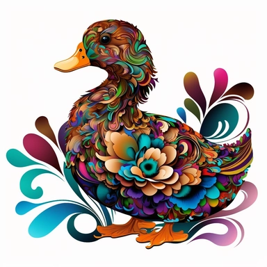 psychedelic cute real flower duck art nouveau, bright colours, clipart, centred, white background