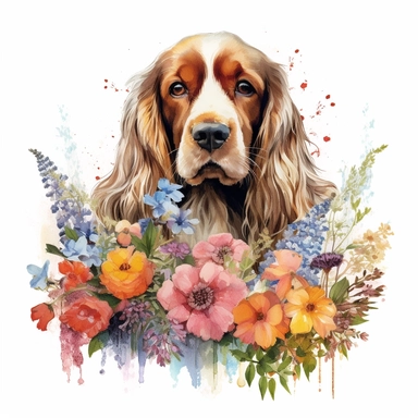 A vibrant garden scene with colorful flowers in full bloom, where an English Cocker Spaniel peeks curiously from behind a floral arrangement, highlighting the breed's inquisitive nature and the beauty of nature's palette, with a white background and watercolor clipart.