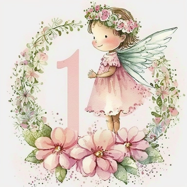 cute fairy and the pink Number 1, flowers, sparkles, cute, joy, watercolour, clipart