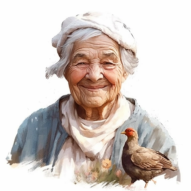 cinematic farm old woman, smiling, surrounded by white background, clipart, wide shot, very detailed, watercolor illustration, white background, cinematic, ultra hd,