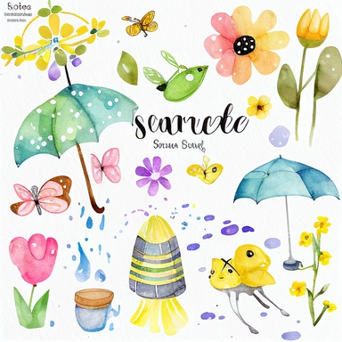 Please create a series of watercolor clipart illustrations featuring different items related to spring. Each illustration should be drawn in a charming and playful style that captures the beauty and vibrancy of the season. Items to include can be flowers, butterflies, birds, bees, rain boots, and umbrellas. Please use a coherent color palette that is bright and cheerful, but also soothing and calming. Colors that are associated with spring, such as greens, blues, pinks, and yellows, should be us