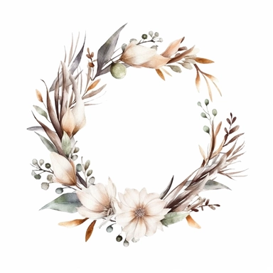one white floral wreath Watercolor clipart with white background and leaves by sarah tuscany, in the style of digital gradient blends, dau al set, decorative borders, ue5, black background, kinuko y. craft, ephemera, no watermark, text, 300 DPI , typography, shapes do not stick together, no text in the picture, on a white background