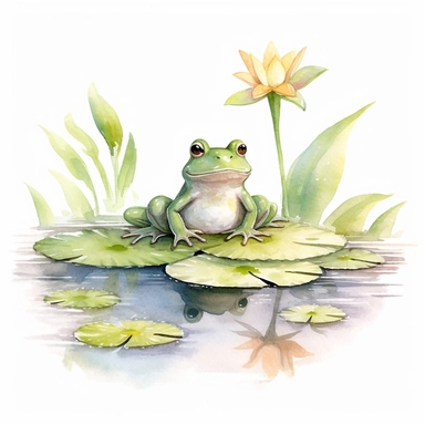 Watercolor Lily Pond Clipart - springtime cute lily pad and frog pond , white background, no text