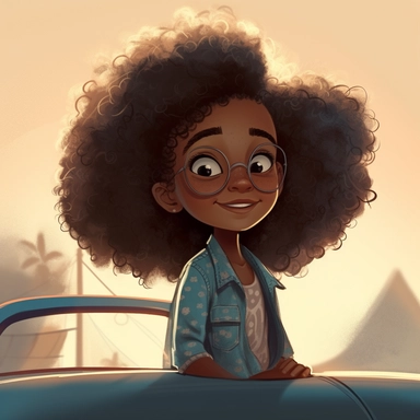 pixar illustration of Harper , 5 year old sitting down in back seat of car , in Sag Harbor town , An illustration of fiveyear old light skin happy black girl with curly afro, siiting in backseat of a car looking out onto the harbor , from the community's stunning Sunset Beach, east hampton , summer vaction, beach town , summer days , muted tones , shy warm heart , pixar , hyper detailed , smooth skin realistic animated — Happy Black Girl Smiling art,black girlsclipart, Funny black girl , Cheerfu