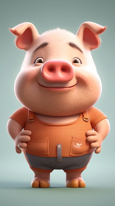 Front view of animated big belly pig standing wearing t-shirt character design, full body, face drawing in top quality, high quality face drawing, clipart, full illustration, 4k, sharp focus, Soft skin, symmetrical, detailed face, concept art, storybook style, chibi kawaii. Octane rendering, 3D, perfect face, detailed face, delicate face, sharp lips. Perfect, detailed eyes