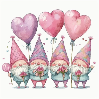 Watercolor happy 4 pink gnomes valentine theme with pink heart balloons, Clipart, Colorful, Retro, highly detailed on white background