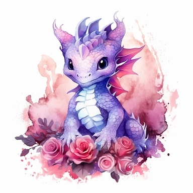 Watercolor fantasy baby dragon clipart full body, sitting, surrounded by flowers, pink and purple color palette, hand painted, white background