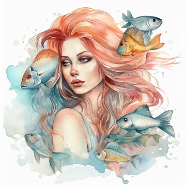watercolour clipart beautiful woman with two fish. Watercolor effect. The clipart should be of the highest quality, with great detail, clear outlines and lines, gentle pastel colors, and should be elegant and beautiful, white background, without watermarks