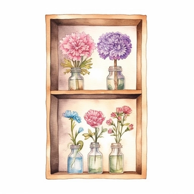 Create an elegant hand-drawn watercolor clip art image of a family gift niche embellished with birth flowers. Customize the image for a family of four: a January baby (Carnation), a April baby (Sweet Pea), an August baby (Poppy), and a November baby (Chrysanthemum). Add a soft, flowing ribbon or banner across the top of the niche, on which the family name can be written, giving the image a refined and sophisticated touch.