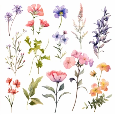 Stunning CLIPART watercolor artworks of flowers and plants, delicate flowers and plants with FEW details, light and minimalistic style, focus on the delicate beauty of each individual flower or plant painted with a loose watercolor technique, prominent watercolor style, emphasize the delicate and intricate watercolor technique, Light airy hues and pastel tones, softness of the flowers and plants, keep the overall design minimalistic, highlight the unique features of each flower or plant WITHOUT 