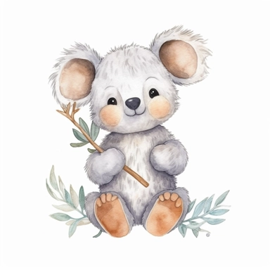 A super-cute tribal koala, watercolor illustration, Perfect for nursery art and children's book illustration style, simple, clipart, single object, white background for removing background